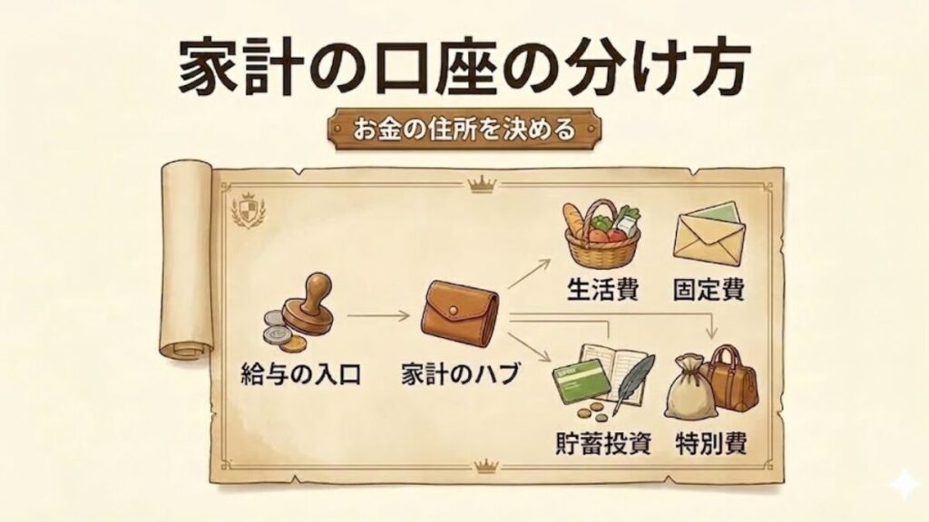 家計のお金を給与の入口から家計のハブを経て、生活費・固定費・貯蓄投資・特別費に分ける王国風の家計設計図アイキャッチ
