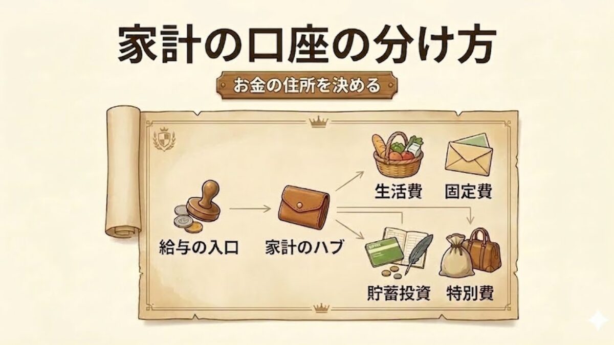 家計のお金を給与の入口から家計のハブを経て、生活費・固定費・貯蓄投資・特別費に分ける王国風の家計設計図アイキャッチ