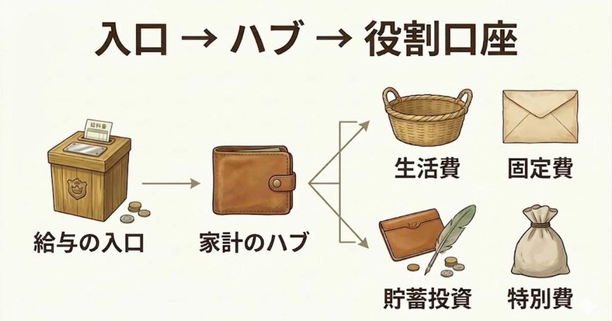 給与の入口から家計のハブを経て、生活費・固定費・貯蓄投資・特別費へ分かれる流れを示した図