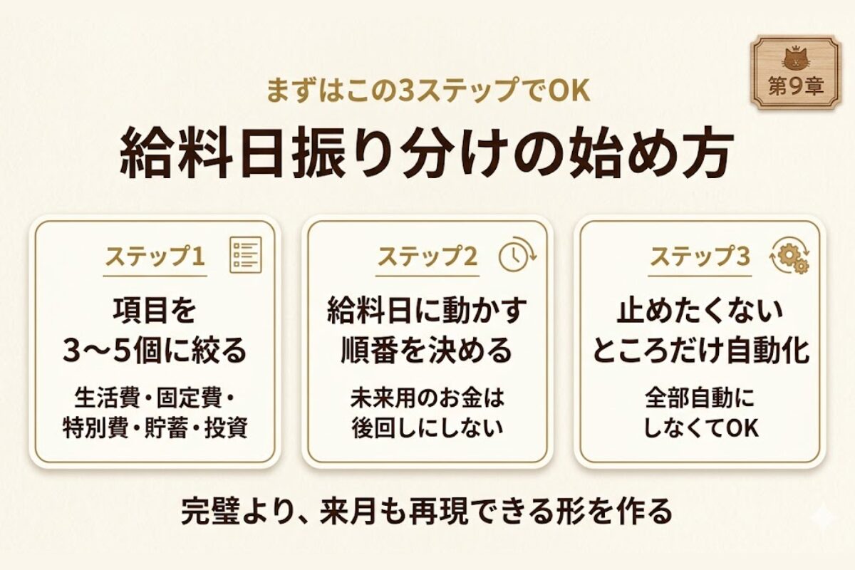 給料日の家計振り分けを3ステップで始める方法を、落ち着いた王国風の実務カードで整理した図