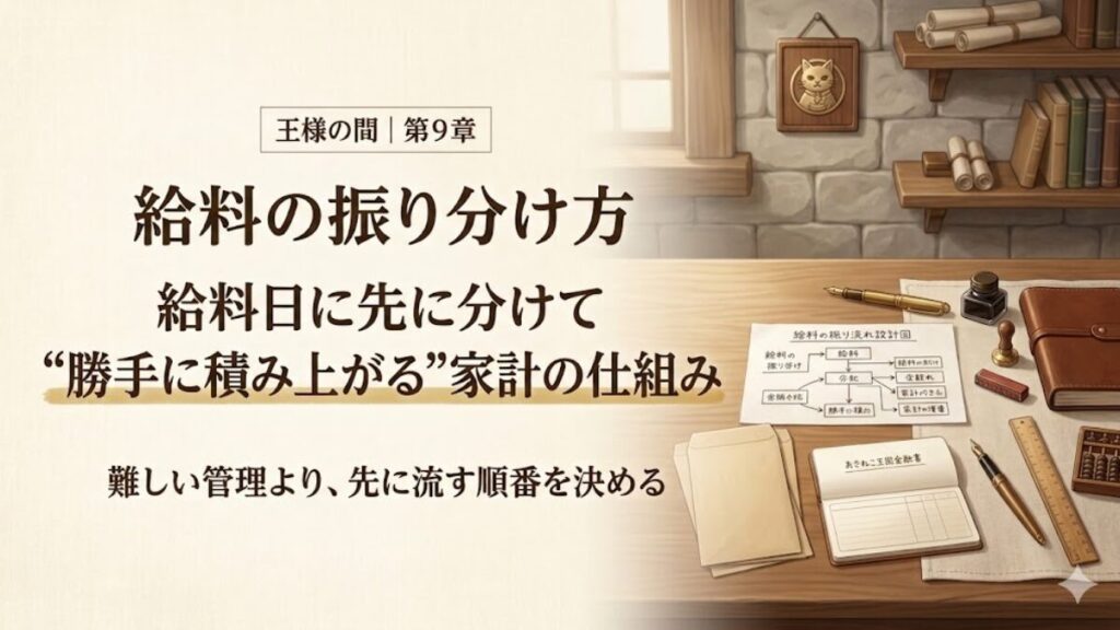 給料日にお金を先に振り分ける家計の流れを、王国の財務室風に整理して見せた第9章のヒーロー画像
