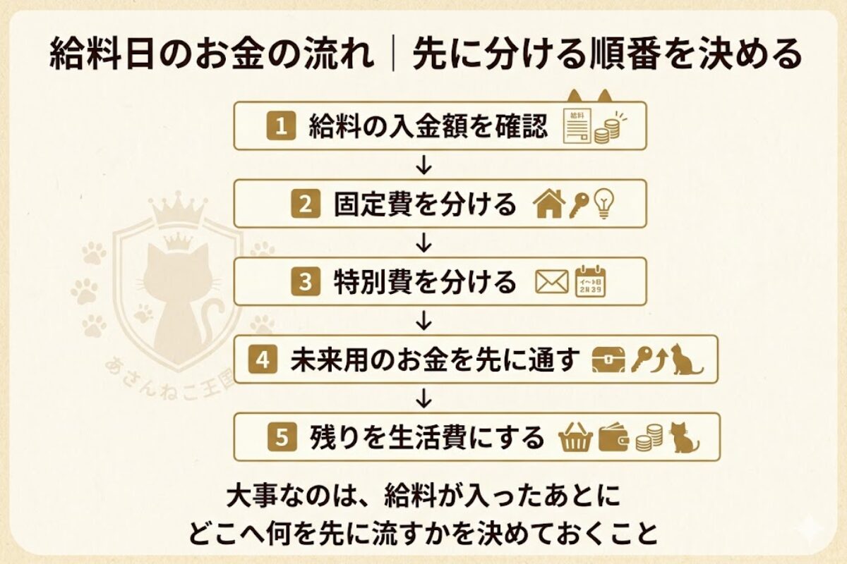 給料日に入ったお金を固定費・特別費・未来用・生活費へ順番に振り分ける家計フロー図