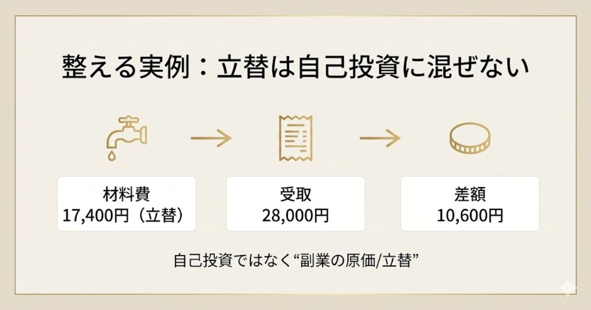 蛇口交換の立替（材料費）と回収額、差額を示し、自己投資から除外する例を図解したカード。