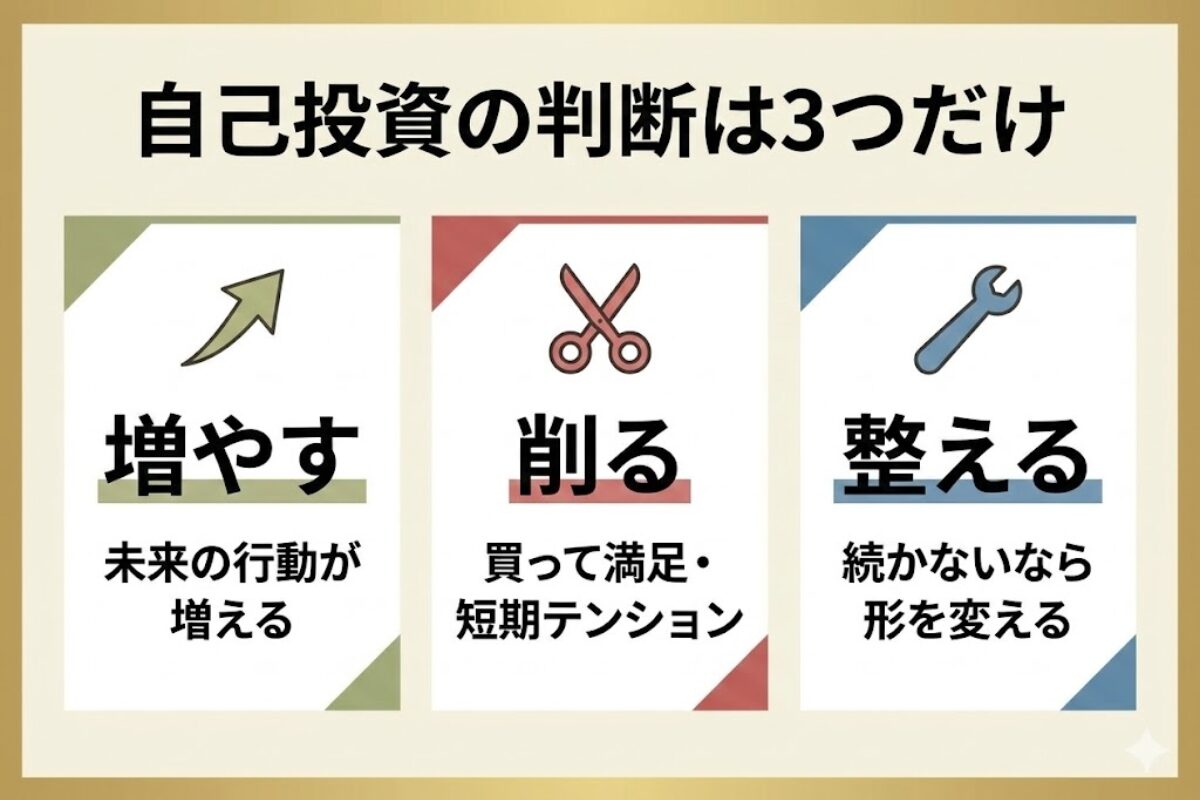 自己投資を「増やす・削る・整える」で判断する3分類の図解。