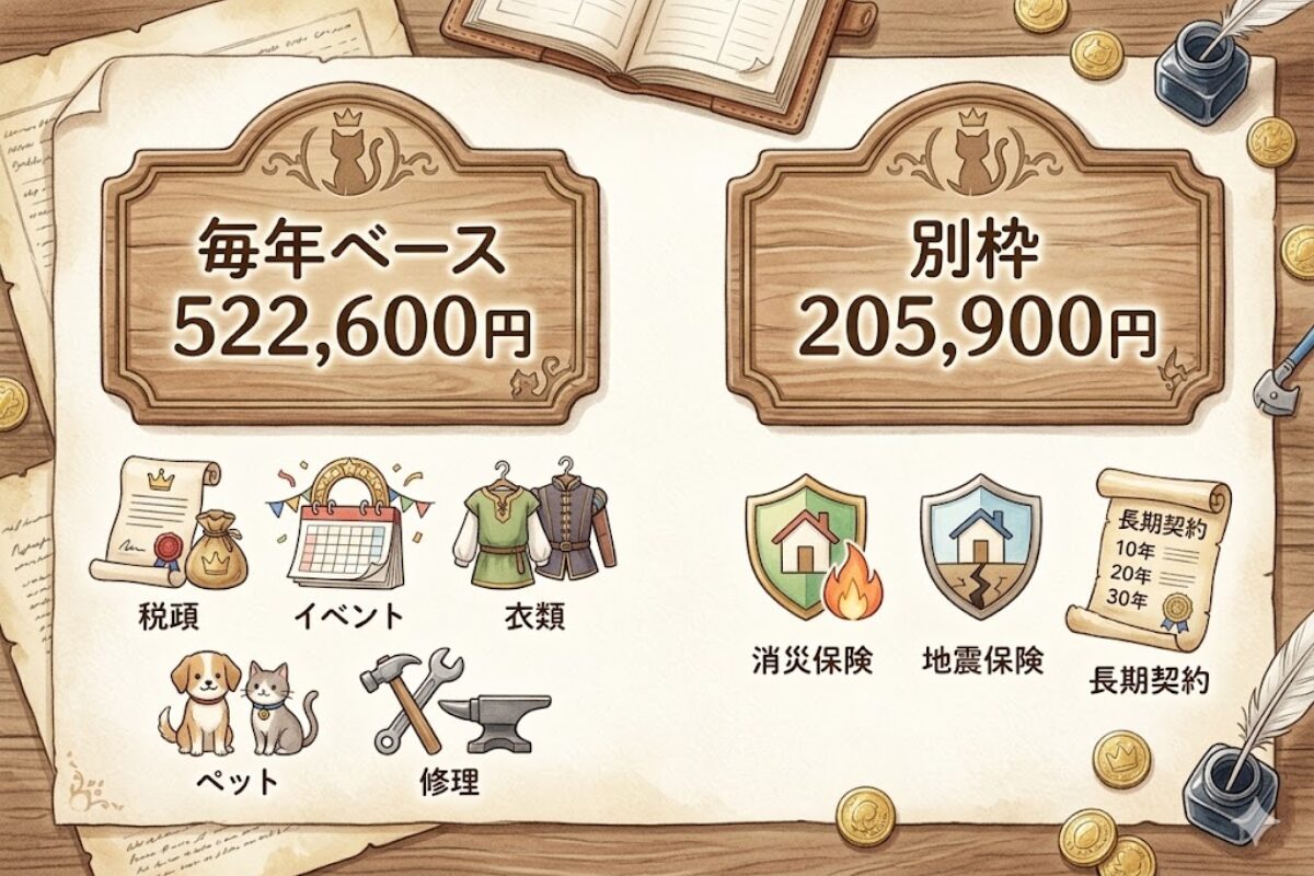毎年ベースの特別費522,600円と、数年単位で来る大型支出205,900円を別枠で考えることを示した比較図