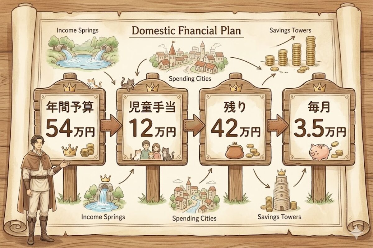 年間54万円の特別費から児童手当12万円を差し引き、残り42万円を月3.5万円で積み立てる流れを示した図解画像