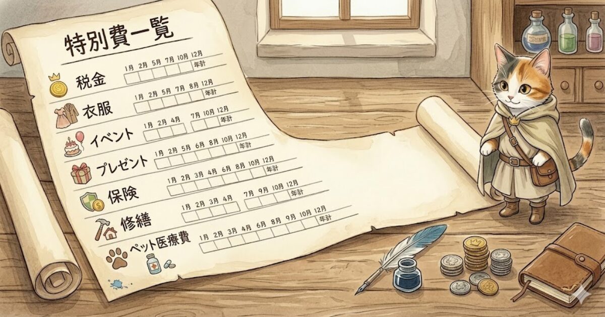 税金やイベント費、衣服費、修繕費など、1年分の特別費を巻物に一覧化したイメージ画像