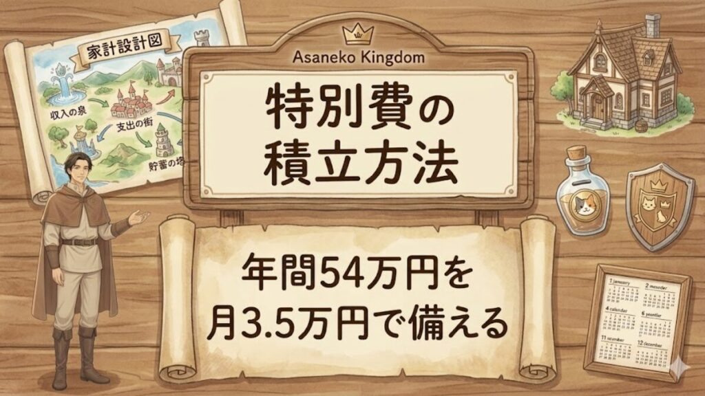 特別費の積立方法をテーマに、年間54万円を月3.5万円で備える家計設計を表したアイキャッチ画像