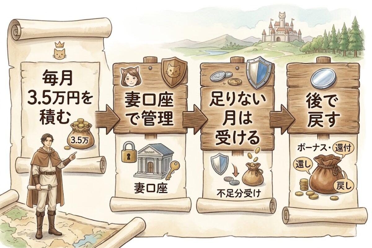 毎月3.5万円を積み立て、足りない月は生活防衛資金で受けて、後から戻す流れを示した図解画像