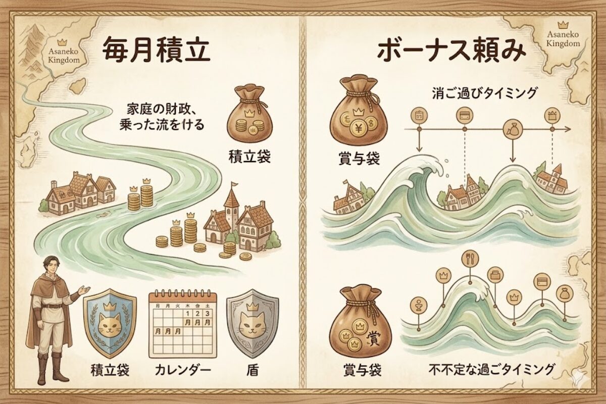 毎月積立方式は安定し、ボーナス頼み方式は不安定になりやすいことを左右比較で表した画像