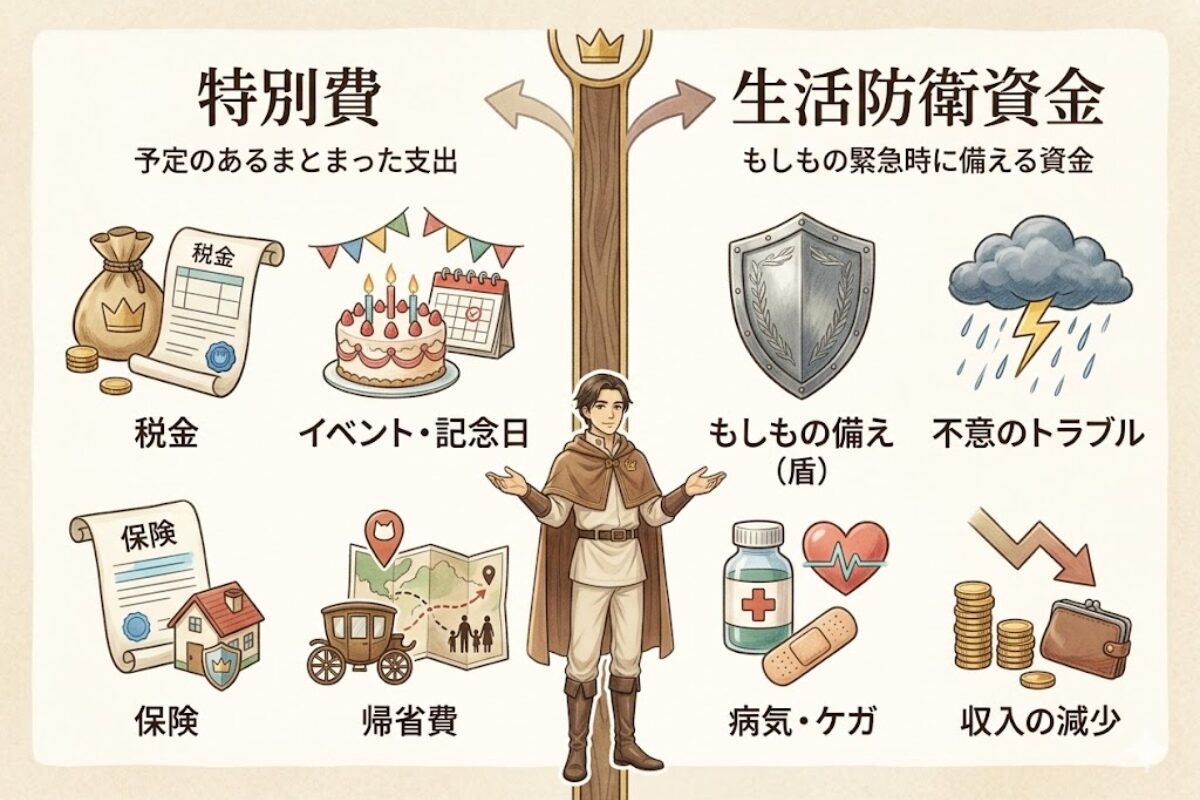 特別費は予定のある支出用、生活防衛資金は本当の緊急用である違いを左右比較で示した画像
