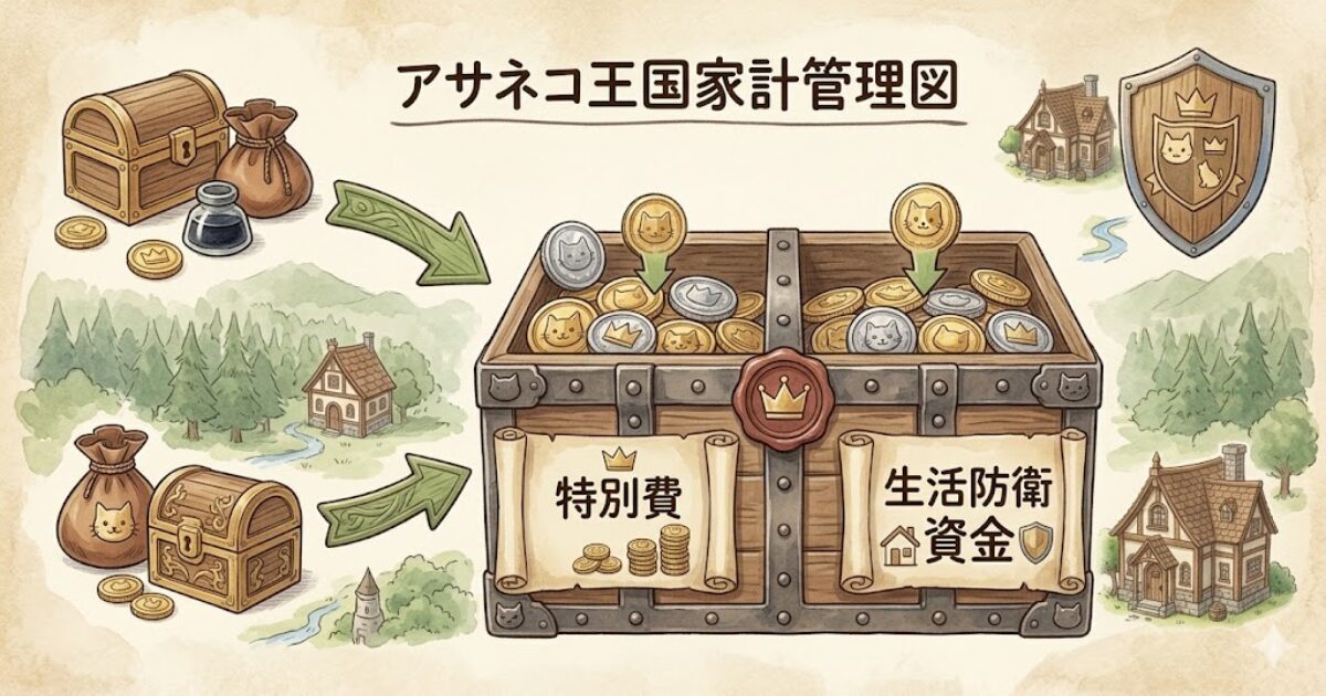 妻の生活防衛資金口座で特別費と防衛資金を役割分けして管理している様子を表した図