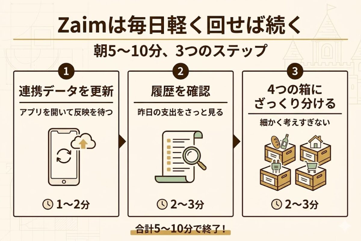 Zaimの家計管理を毎日5分から10分で回すための3ステップとして、連携データ更新、履歴確認、4つの箱への分類を示した図