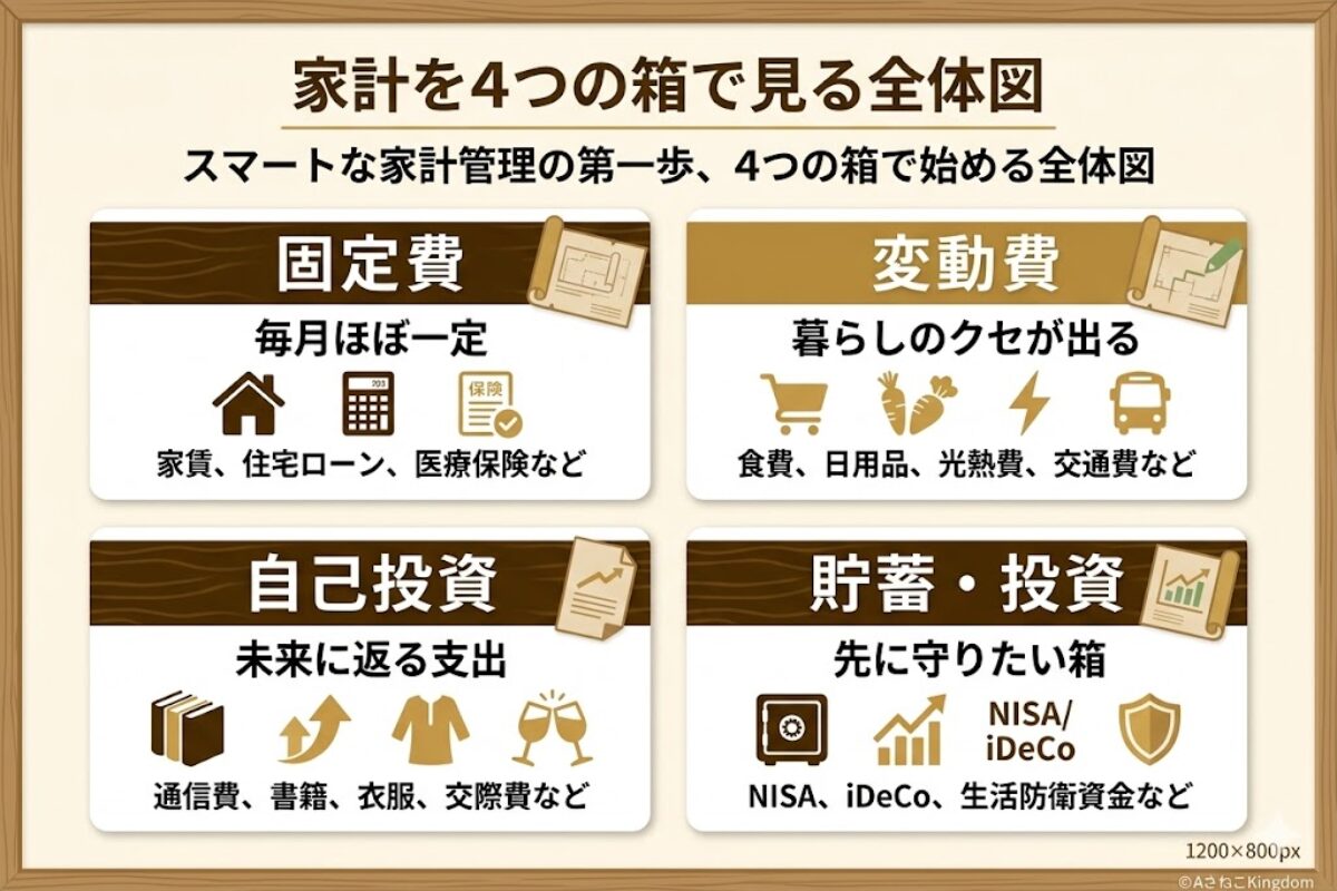 固定費・変動費・自己投資・貯蓄投資の4つの箱で家計全体を整理し、それぞれの役割と代表例を示した図