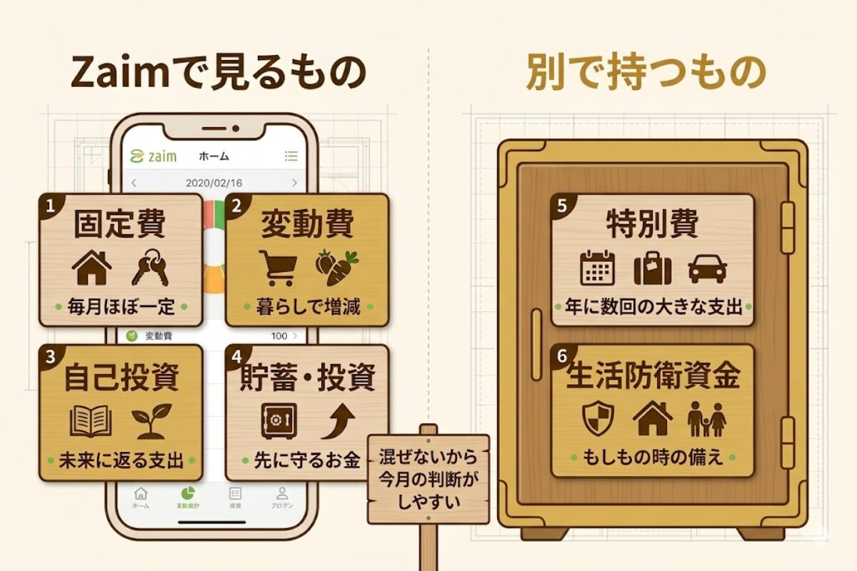 Zaimでは固定費・変動費・自己投資・貯蓄投資の月次家計を見て、特別費と生活防衛資金は別で管理する役割分担を示した図