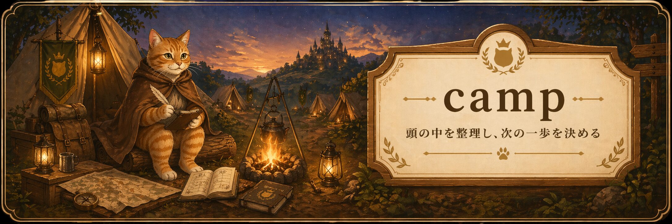 焚き火のそばでチャットラーがノートを持ち、campで頭の中を整理して次の一歩を決めることを表した王国風ヘッダー画像