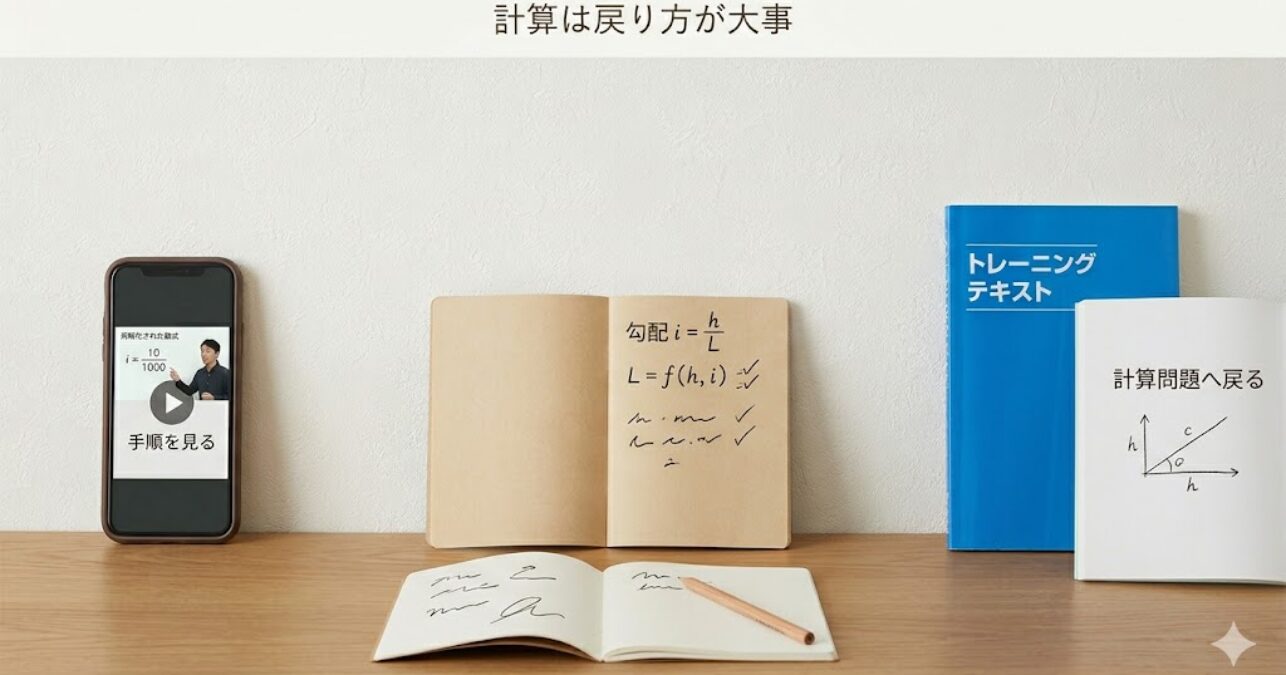 計算問題で詰まった人が動画で手順を見て型を確認し、問題集に戻る流れを示した画像