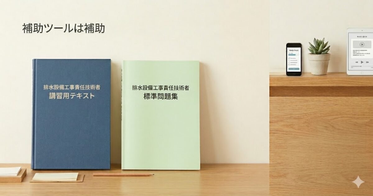排水設備工事責任技術者の勉強で紙の教材2冊が主役で補助ツールは脇役だと分かる画像