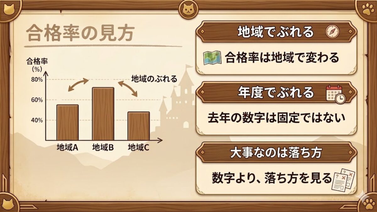 排水設備工事責任技術者の合格率は地域や年度でぶれると示す図版