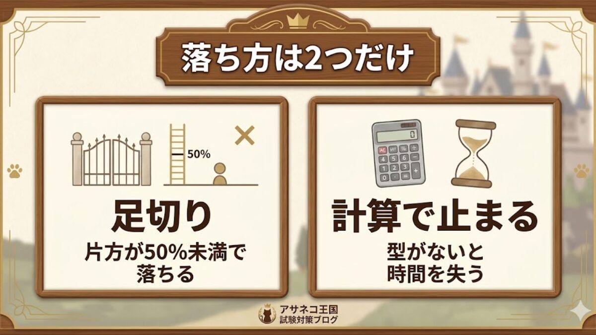 排水設備工事責任技術者試験の落ち方は足切りと計算で止まるの2つだと示す図版