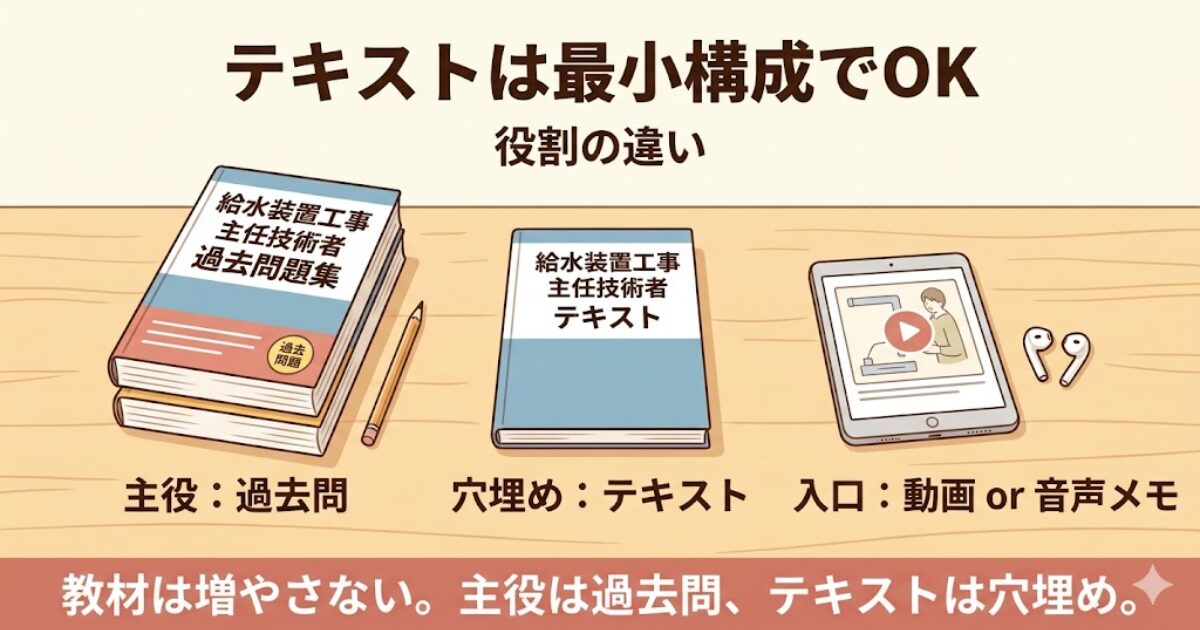 給水装置工事主任技術者の勉強に使う最小教材セットを示した整理画像