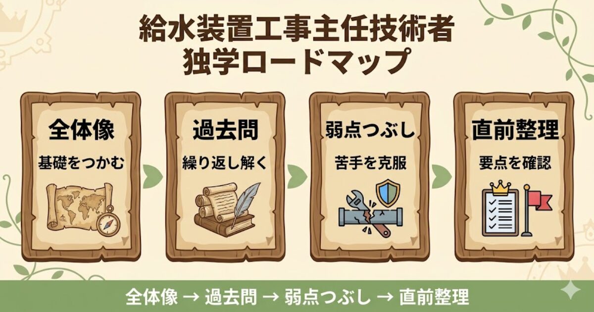 給水装置工事主任技術者の独学ロードマップを4段階で示した図解