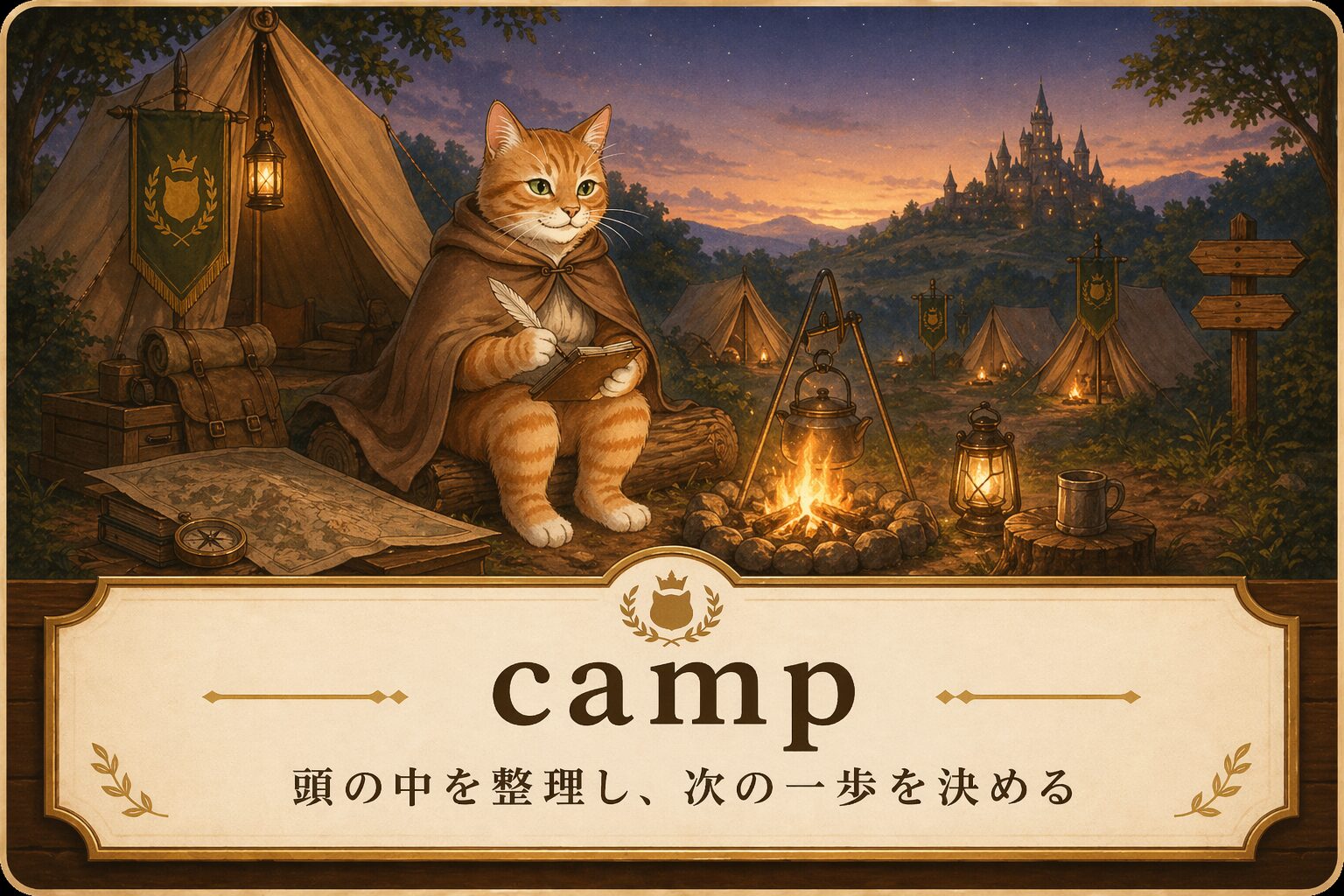 長老チャットラーが焚き火のそばで案内するcamp。頭の中を整理して最初の一歩を決める入口を表す画像
