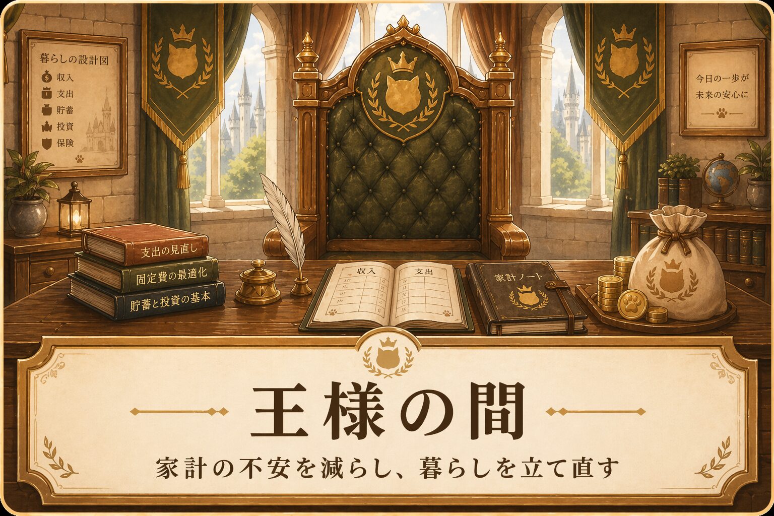 空席の玉座と家計ノートが置かれた王様の間。家計の不安を減らし暮らしを立て直す入口を表す画像