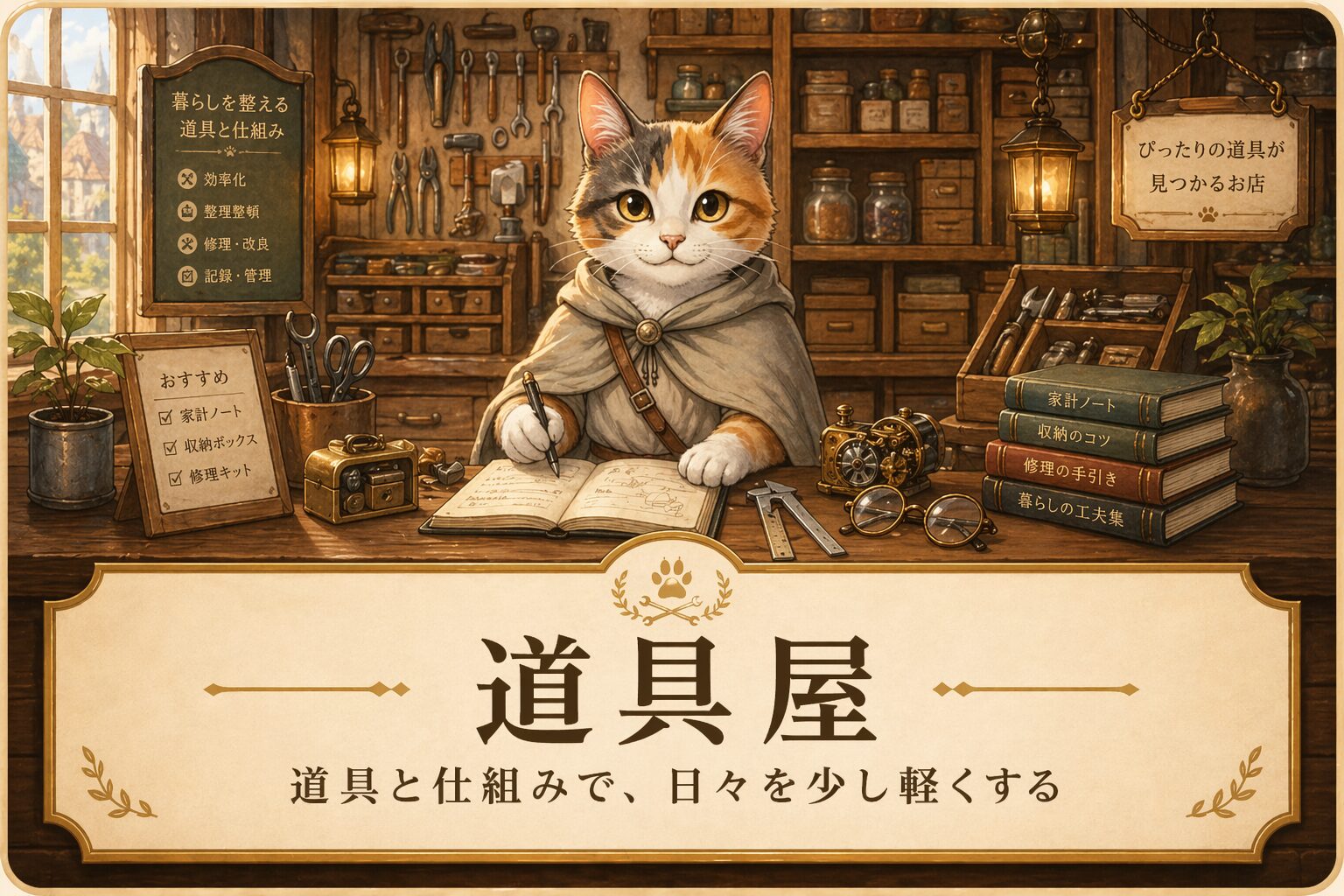 仕組み職人ミケがいる道具屋。無駄なく必要な道具を選ぶ入口を表す画像