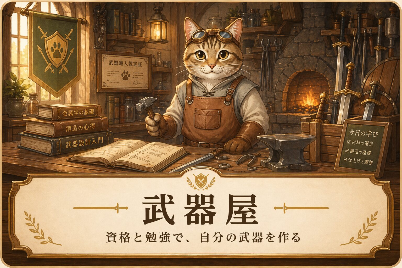 スミス親方がいる武器屋。資格と勉強で自分の武器を作る入口を表す画像