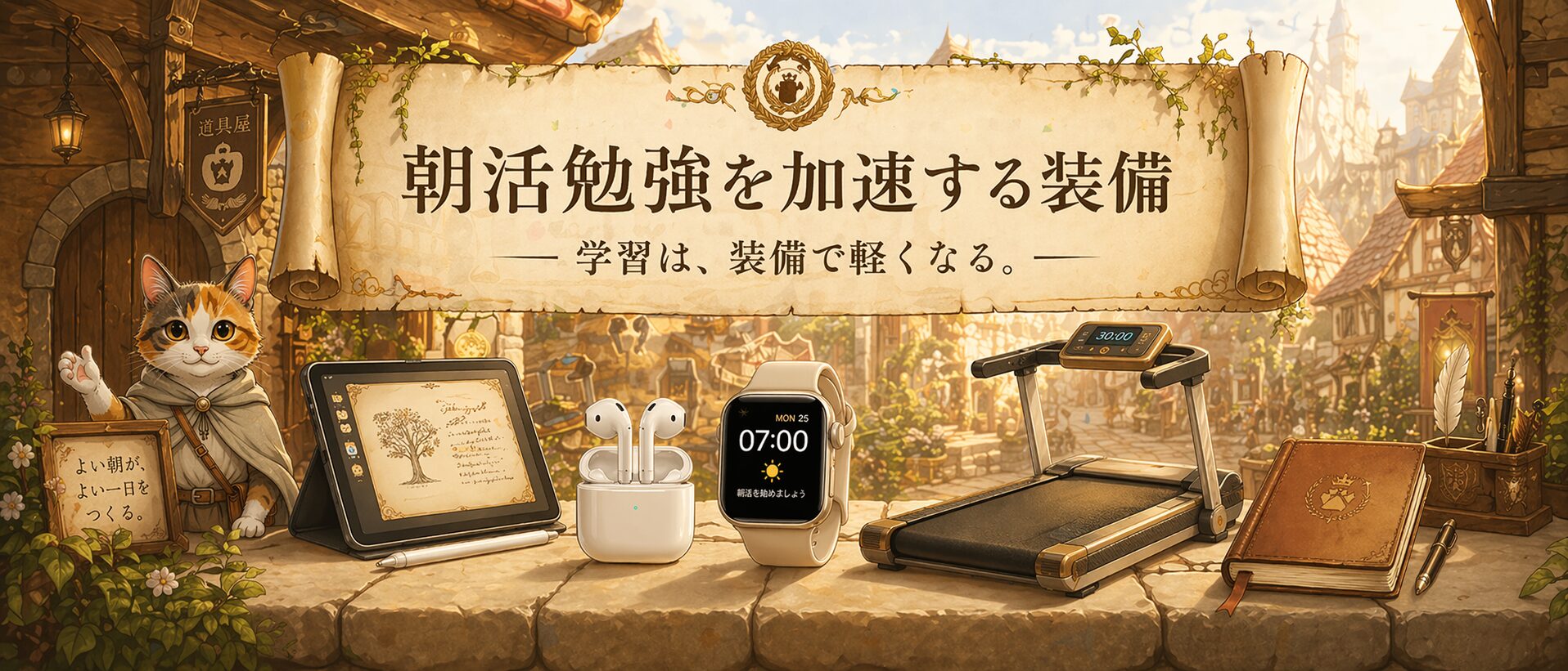 仕組み職人ミケが案内する道具屋の装備バナー。タブレット、イヤホン、スマートウォッチ、ルームランナー、ノートで朝活勉強を続けやすくする画像