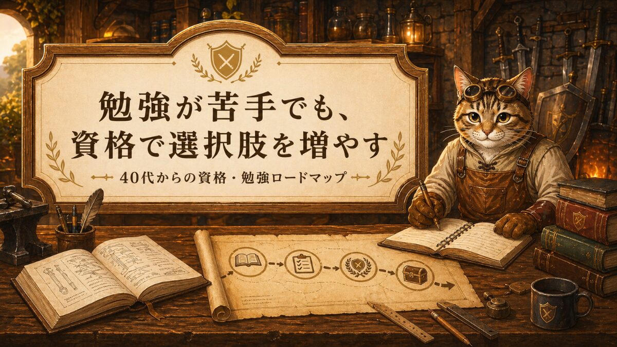 勉強が苦手な40代向けに資格と勉強ロードマップを示す武器屋のアイキャッチ
