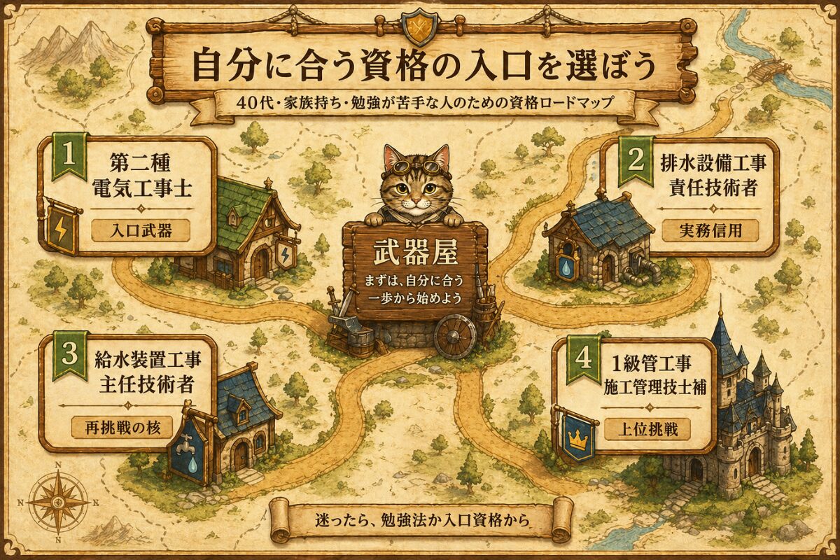 第二種電気工事士や給水装置工事主任技術者など資格記事の入口を示すロードマップ図解