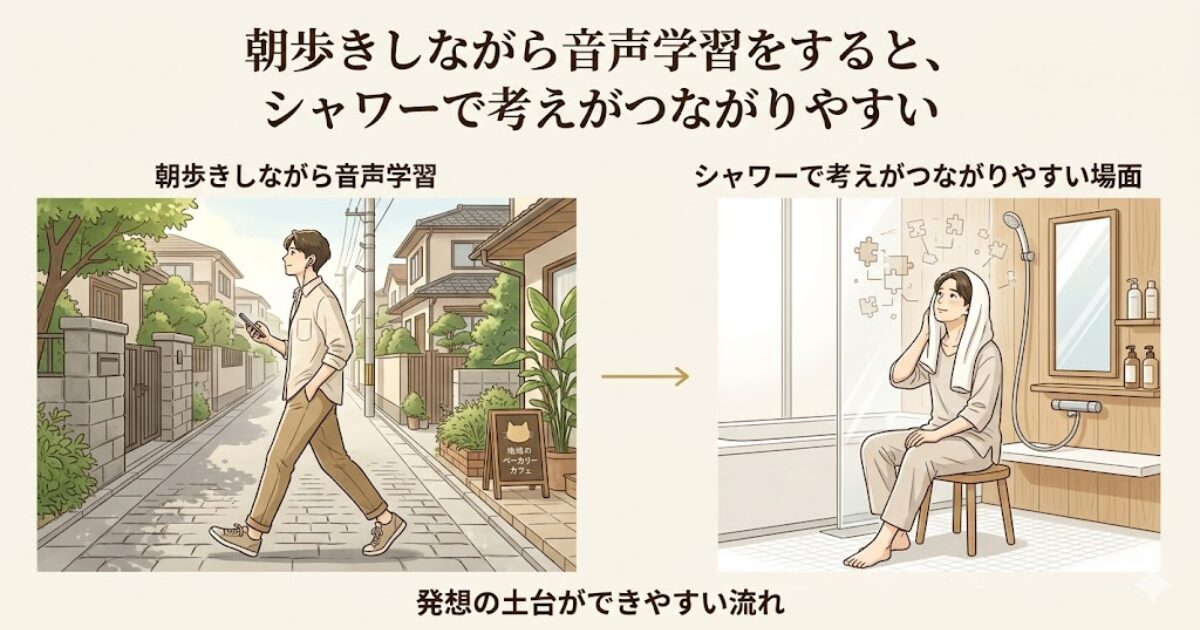 朝歩きしながら音声学習を行い、その後のシャワーで考えがつながりやすい流れを示した挿入画像