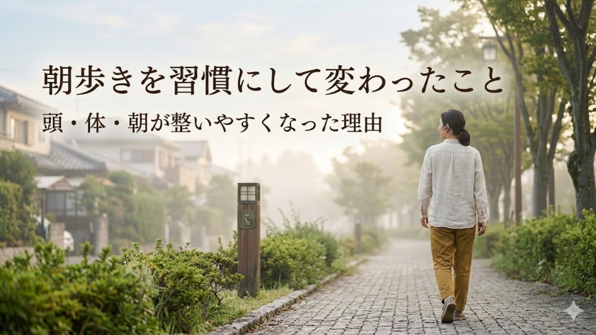朝の静かな道を歩く人物を描いた、朝歩き習慣の記事のアイキャッチ画像