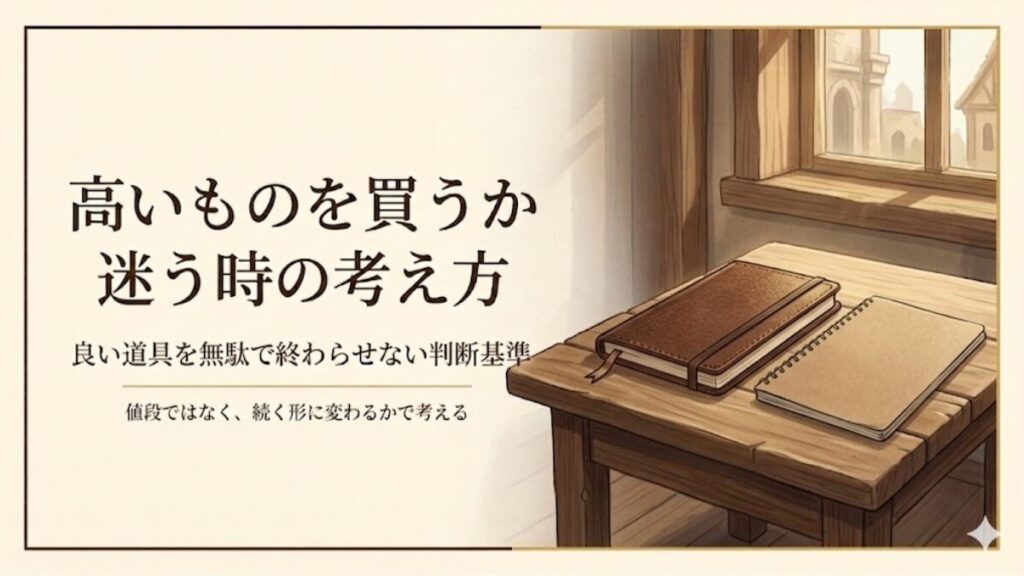 高い道具を買うか迷う時に、値段ではなく続けやすさで考える視点を表した記事アイキャッチ。木の机の上に上質なノートとシンプルなノートが並んでいる。