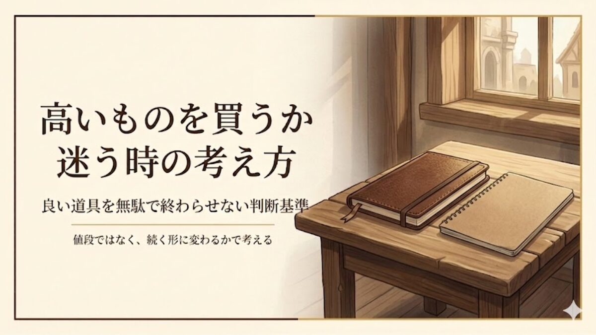 高い道具を買うか迷う時に、値段ではなく続けやすさで考える視点を表した記事アイキャッチ。木の机の上に上質なノートとシンプルなノートが並んでいる。