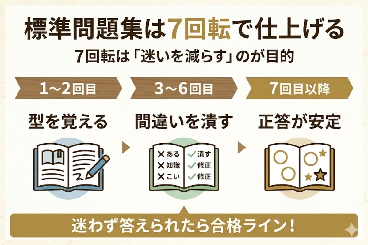標準問題集を7回転で仕上げる流れを示した図。1〜2回目は型を覚え、3〜6回目は間違いを潰し、7回目以降で正答が安定する。
