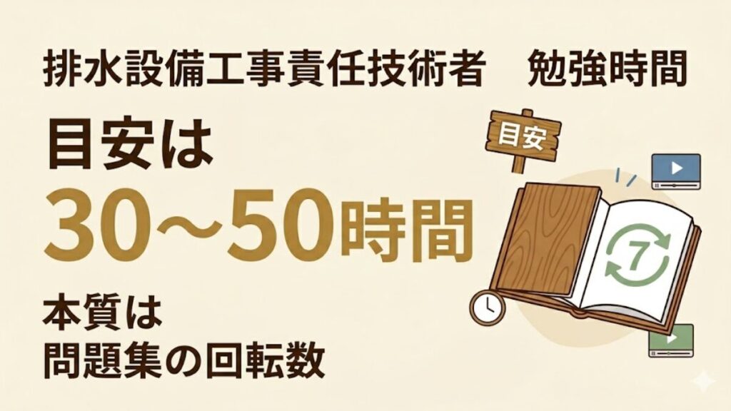 排水設備工事責任技術者の勉強時間の目安は30〜50時間で、本質は問題集の回転数にあることを示したアイキャッチ画像。