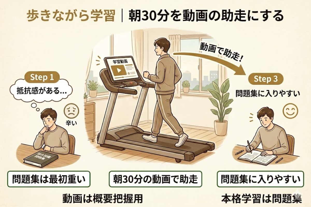 歩きながら動画学習を助走として使い、問題集に入りやすくする流れを示した図。問題集は最初重いが、朝30分の動画視聴で抵抗を下げ、本格学習へつなげる。