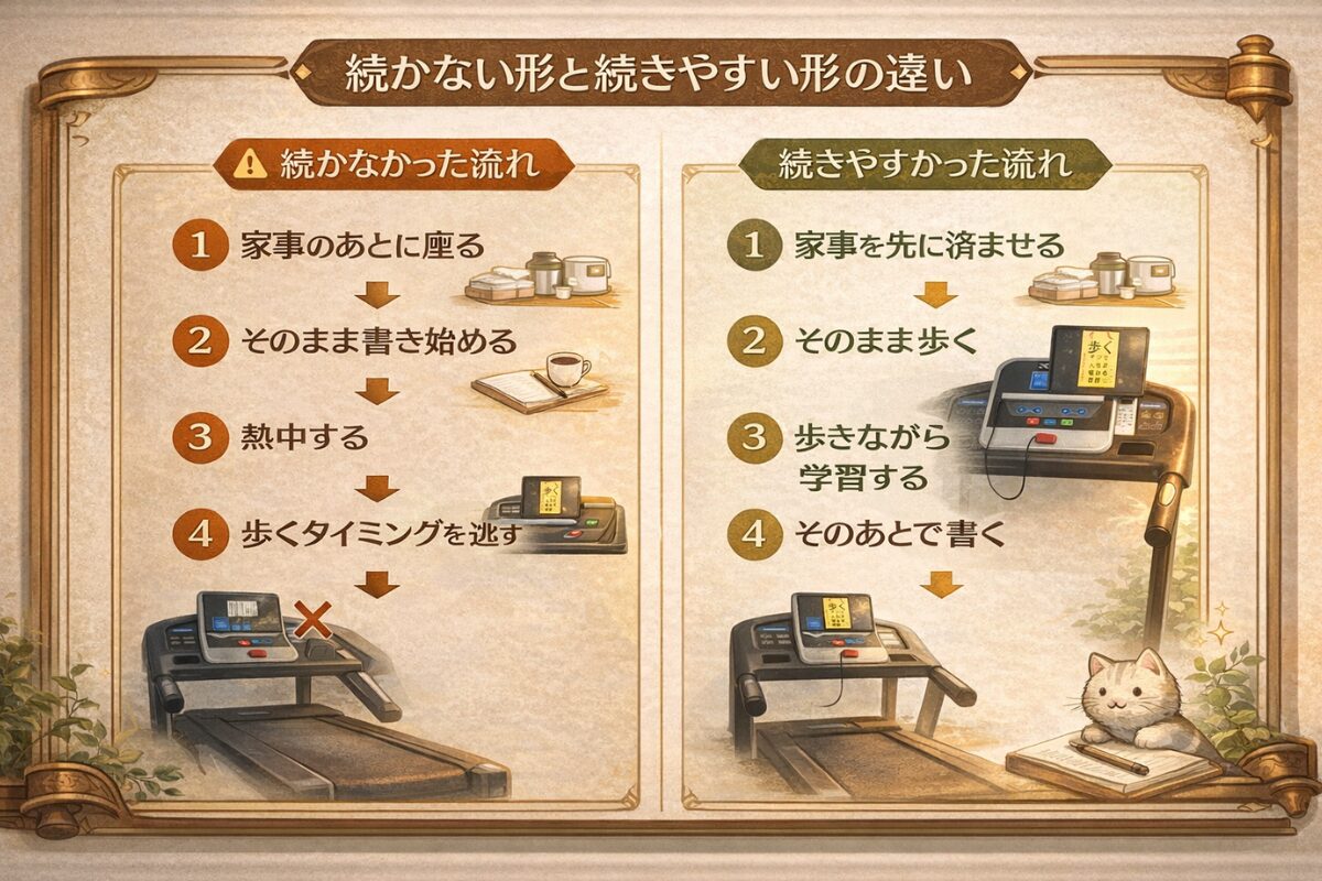 室内ウォーキングが続かなかった流れと、続きやすかった流れの違いを左右で比較した図解