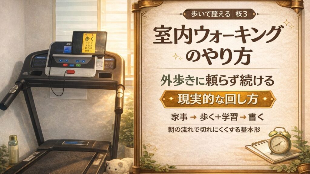 室内ウォーキングのやり方を紹介する記事のアイキャッチ。ランニングマシンとタブレットの実際の運用形を背景に、外歩きに頼らず続ける現実的な回し方と表示している