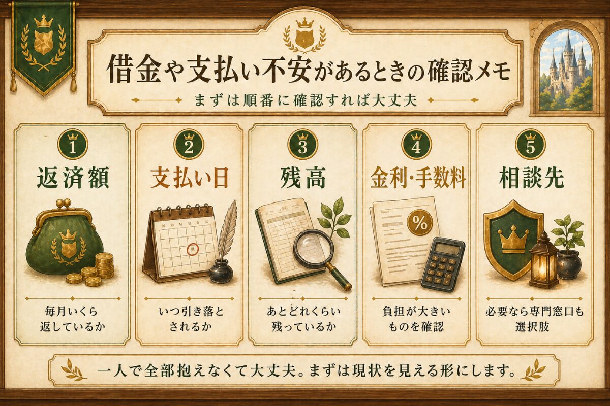 家計を固定費、変動費、自己投資、貯蓄投資の4つに分けて整理する考え方を示した王様の間の図解