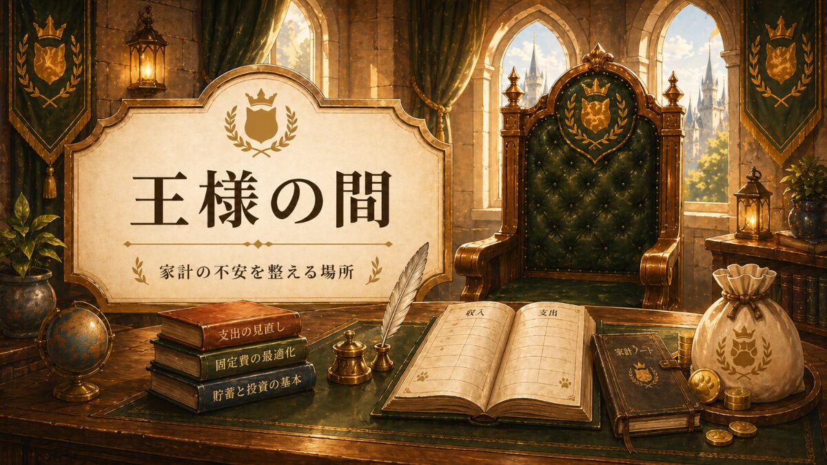 王様の間のヒーロー画像。王国の執務室で家計ノートや帳簿、金貨が並び、家計の不安を整える場所であることを表している
