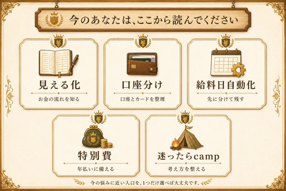 家計立て直しを見える化、支出整理、口座分け、給料日自動化、余力づくりの順で示した王様の間のロードマップ図解