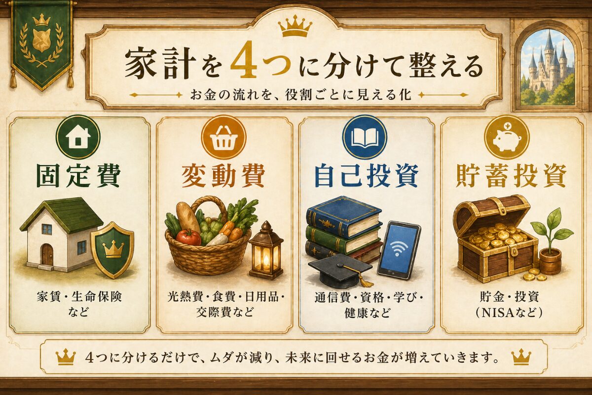 家計の悩み別に見える化、口座分け、給料日自動化、特別費、campの入口を選べる王様の間のカード型ガイド