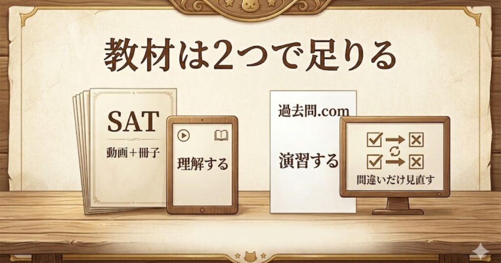 給水装置工事主任技術者の教材は2つで足りることを示すアイキャッチ。SATで理解し、過去問.comで演習する構図