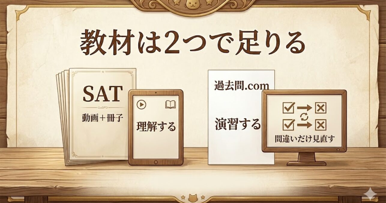 給水装置工事主任技術者の教材は2つで足りることを示すアイキャッチ。SATで理解し、過去問.comで演習する構図