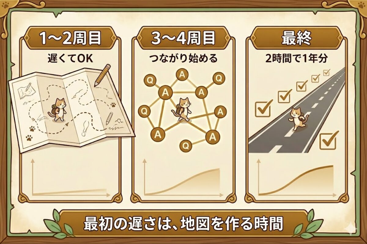 周回学習は最初は遅くても問題なく、知識がつながると加速して短時間で1年分を復習できることを示す図
