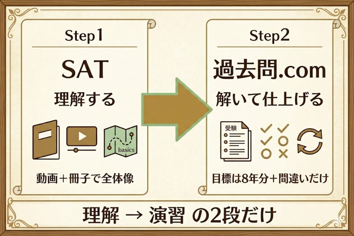 SATで理解し、過去問.comで目標8年分を演習して仕上げる学習ロードマップ